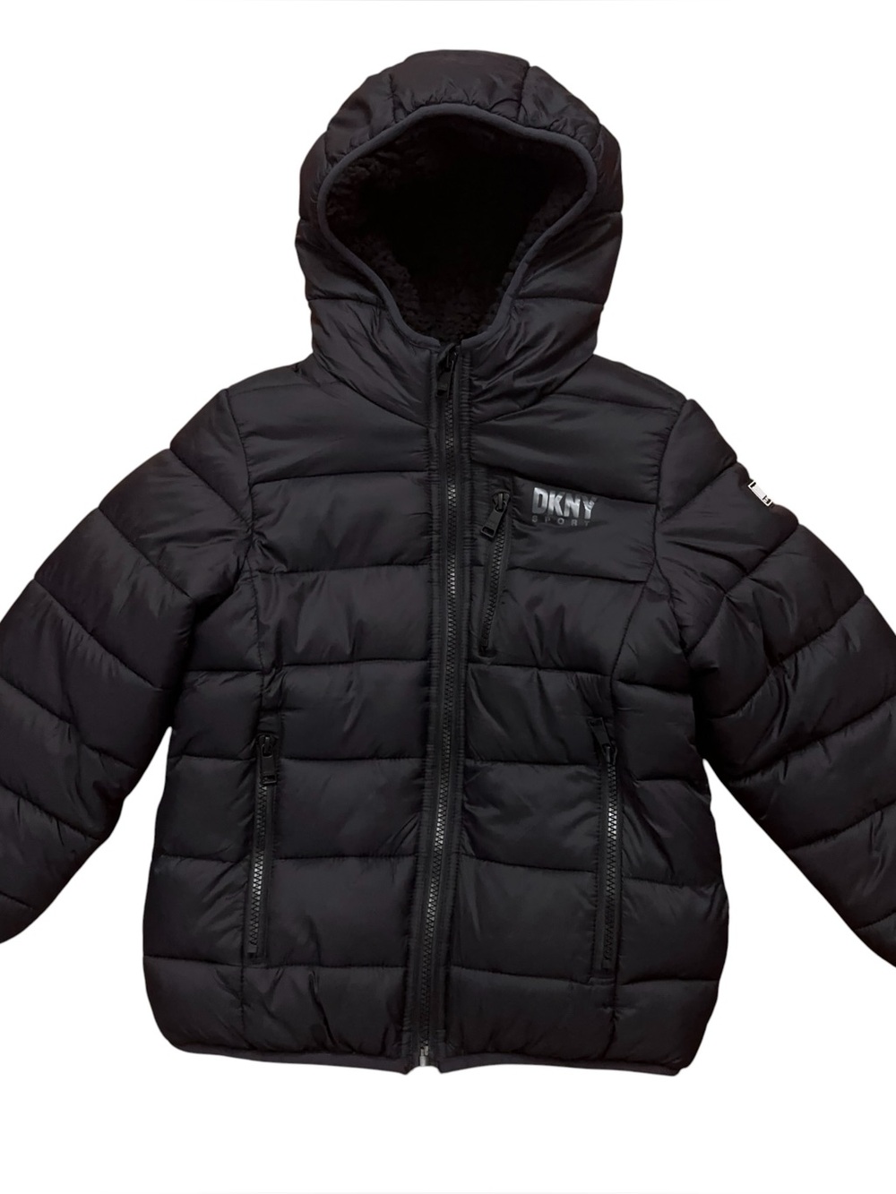 DKNY Sport Puffer Jacket Boys Size 5/6 Full-Zip Hooded Sherpa Lined Black